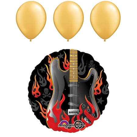 Loonballoon Music Balloons, 18 inch ROCKSTAR - ROCK ON GUITAR balloon, 3 Gold Latex Set LOON-LAB-85157-B-U