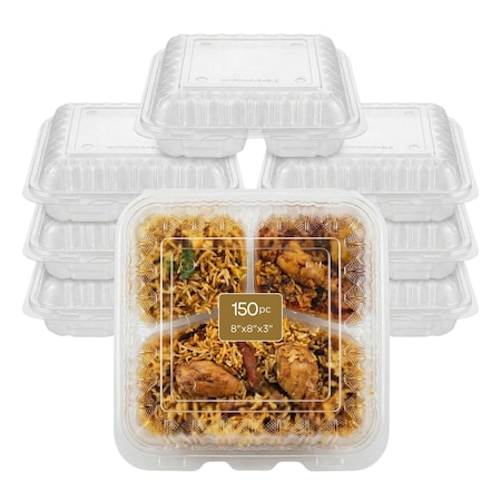 Eco Harmony Products Food Storage Container, Hinged, Vented Lid, Plastic, Translucent, 3 compartment, 8" x 8", 150PK 804626