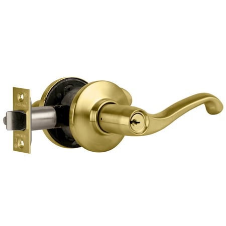 Schlage Grade 2 Tubular Lock, Storeroom Function, Key in Lever Cylinder, Flair Lever, Satin Brass Finish, R S80PD FLA 606 RH