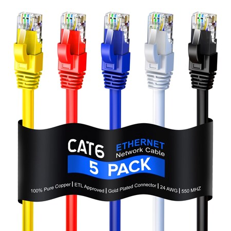 Maximm 3ft Cat6 Round LAN Patch Cable, 5PK, Multicolor, 5PK CAT63FT5PKMULTI