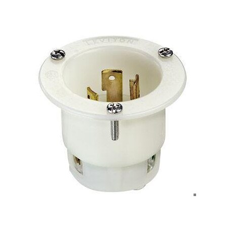 Leviton Flanged Locking Inlet, 30 A, 250V AC, Single Phase, 2 Pole, Flush Mount, Screw Terminals, White 2625F