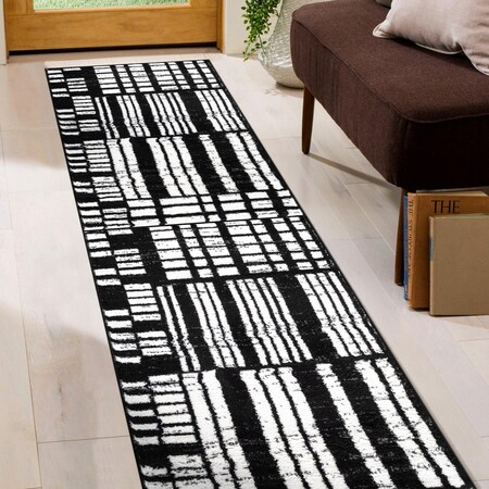 World Rug Gallery Geometric Blocks Runner Rug 2 ft 3 in x 8 ft Black WR140BLACK2X8