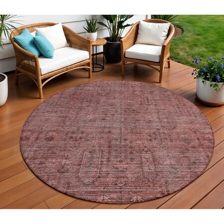 Homeroots 8' Orange And Copper Round Southwestern Washable Indoor Outdoor Area Rug 587076
