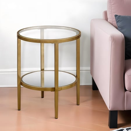 Homeroots 24" Antiqued Brass And Clear Glass And Steel Round Mirrored End Table With Shelf 544188