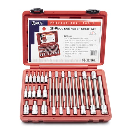 Genius Tools 28PC 1/4 & 3/8in Dr. SAE Long Hex Bit Socket Set BS-2328HL