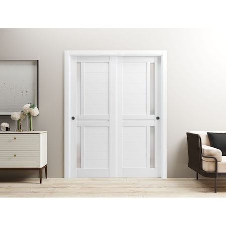 Sartodoors Sliding Closet Bypass Doors 36 x 80in, Veregio 7288 White Silk W/ Frosted Glass, Sturdy Rails VEREGIO7288DBD-WS-36