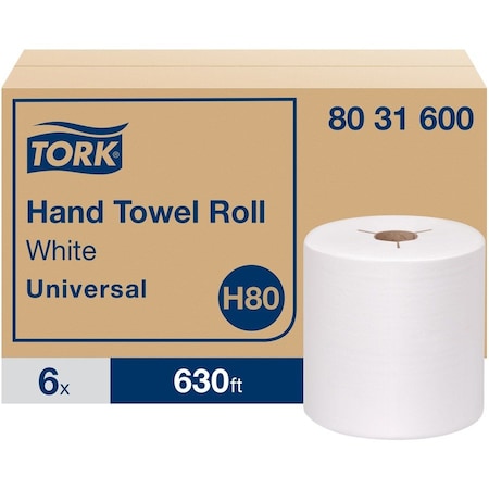 Tork Universal Hand Towel Roll, Notched, 1-Ply, 7.5in x 630 ft, White, 6PK 8031600