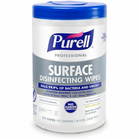 Purell Professional Surface Disinfecting Wipes, 7 x 8, Fresh Citrus, 110/Canister, PK6 PK 9342-06