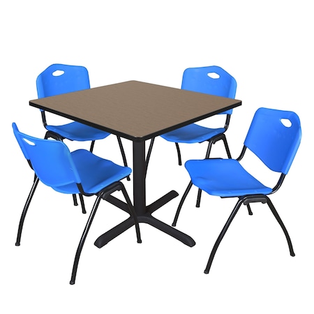 Regency Square Cain Breakroom Table W/ 4 M Stack Chairs, 36 in W, 36 in L, Noble Oak TB3636NO47BE