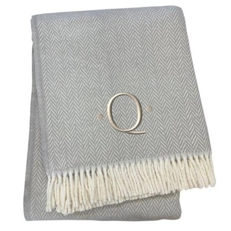 Homeroots 55" X 70" Gray White Herringbone Cotton Blend Q Initial Throw Blanket with Tassels Embroidery 655540