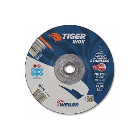 Weiler Tiger Inox Grinding Wheel, 6 in dia, 1/4 in Thick, 7/8 in Arbor, 24 Grit, 10PK 804-58128
