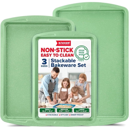 Bakken- Swiss BAKKEN 3-Piece Nonstick Baking Pan Set, Carbon Steel, PFOA-Free, Oven Safe, 450 DegF, Green Marble BKWAV3PGRE