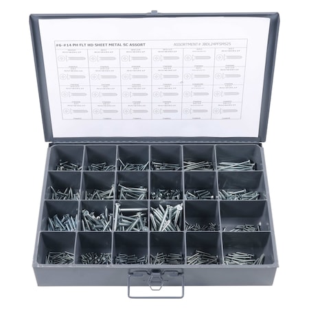 Zoro Select Tapping Screw Assortment, #6 to #14 x Zinc Plated Finish, Steel, Flat Head Phillips Drive JBDL24PFSMS25