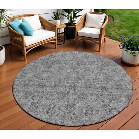 Homeroots 8' Gray Silver And Charcoal Round Floral Washable Indoor Outdoor Area Rug 582274