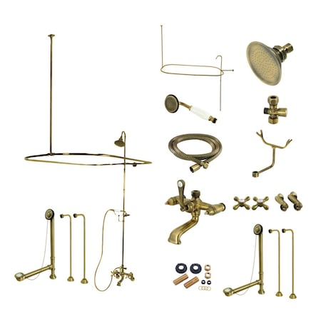 Kingston Brass Tub Wall Mount Clawfoot Tub Faucet Package with Shower Enclosure and Hand Shower, Antique Brass CCK1143AX