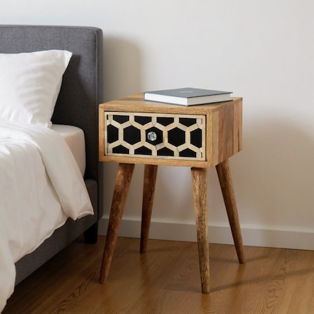 Homeroots 20" Black White And Brown Solid Wood Geometric Bone Inlay One Drawer Nightstand 651557