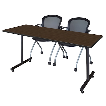 Regency Kobe T-Base Training Seminar Table W/ 2 Cadence Stack Chairs, 60 in W, 24 in L, Neo Walnut MKTRCT6024NW23BK