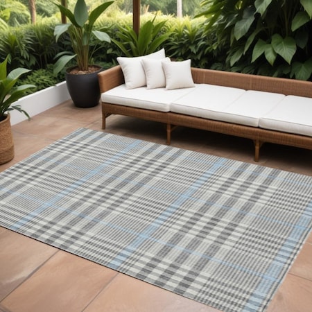 Homeroots 9' X 12' Gray Blue And Beige Plaid Washable Indoor Outdoor Area Rug 601486
