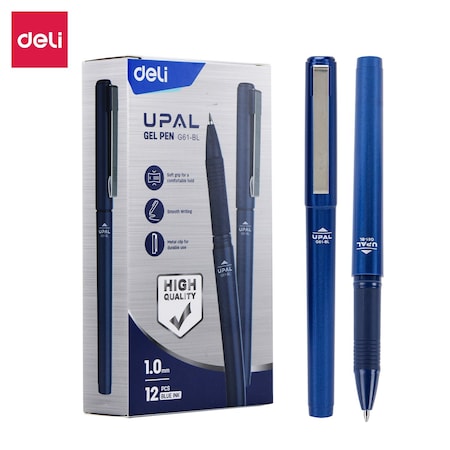 Deli UPAL Gel Pen 1.0mm, Blue Ink, Capped, Metal Clip, 12PK EG61-BL
