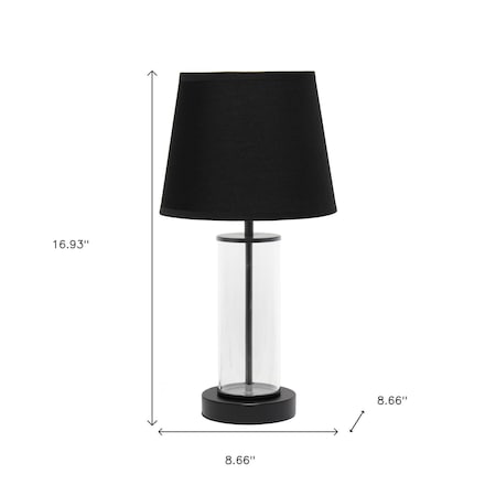 Homeroots 17" Black And Clear Glass And Metal Table Lamp With Black Drum Shade 643450