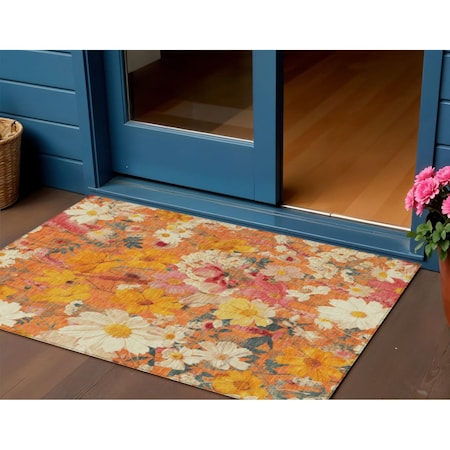 Homeroots 3' X 5' Orange Peach And Salmon Floral Washable Indoor Outdoor Area Rug 611204