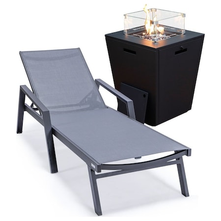 Leisuremod Marlin Black Aluminum Patio Chaise Lounge Chair With Arms & Square Fire Pit Table, Dark Grey MLABLCF21-77DGR