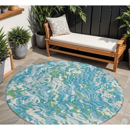 Homeroots 8' Teal Blue Ivory And Green Round Abstract Washable Indoor Outdoor Area Rug 600320