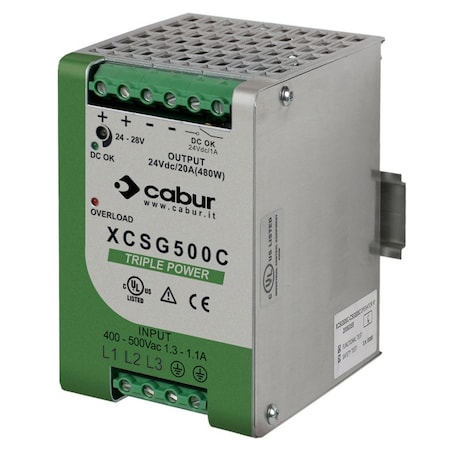 Automation Systems Interconnect 24V DIN Rail Power Supply, 24 Vdc, 20A Output, 3 phase 340-550Vac Input XCSG500C