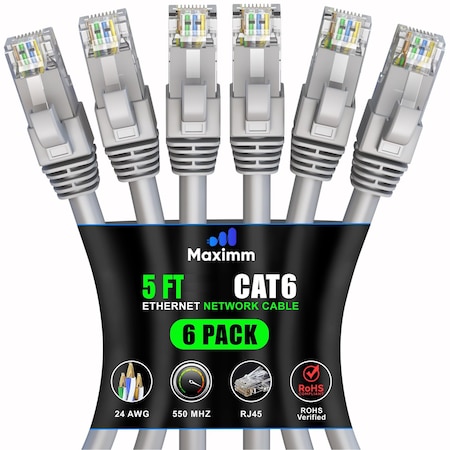 Maximm Cat6 Ethernet Cable 5ft 10Gbps 550MHz UTP, 6PK, Gray, 6PK CAT6CCA-5GR-6PK