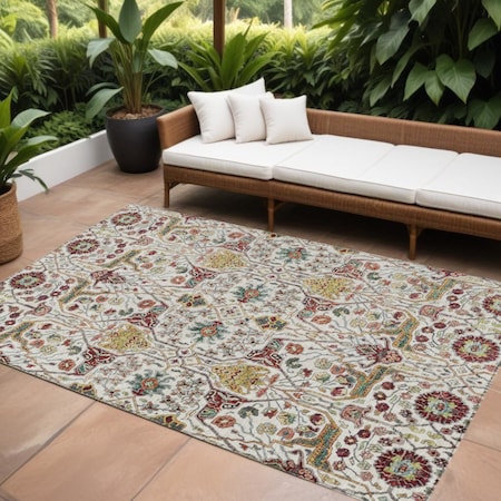 Homeroots 9' X 12' Ivory Red And Green Floral Washable Indoor Outdoor Area Rug 604651