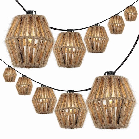 Jonathan Y Samara 10-Light 10 ft. Mid-Century Classic LED C7 Lantern Hemp Rope Shaded String Lights, Brown JYL8708A