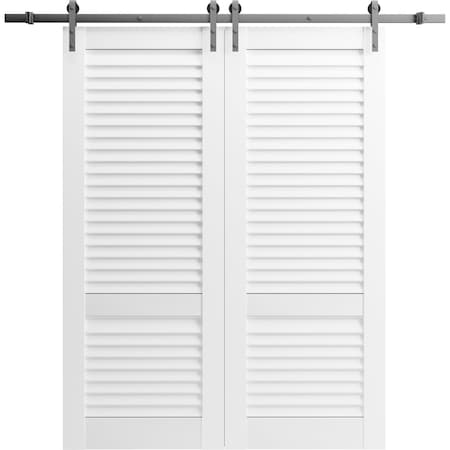 Sartodoors Double Barn Door 48 x 84 inches, Louver 3388 White Silk, 13FT Silver Rail Track Set, Louvered Int LOUVER3388DB-S-WS-64