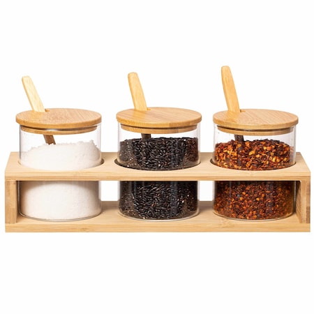 Basicwise 3-Piece Glass Containers with Bamboo Lids and Tray Holder - Decorative Storage for QI004709