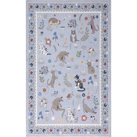 Jonathan Y Catmosphere Festive Feline Floral Border Non-Slip Machine-Washable Gray 3 ft. x 5 ft. Area Rug ANM100D-3