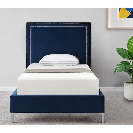 Homeroots Navy Blue Solid Wood Twin Upholstered Velvet Bed with Nailhead Trim 544793