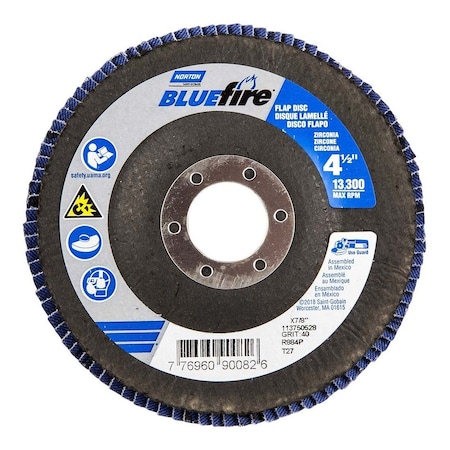 Norton Co Flap Disc: 4-1/2" Dia, 7/8" Hole, 40 Grit, Zirconia Alumina, Type 27 77696090082
