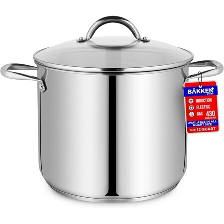 Bakken-Swiss Deluxe 12-Quart Stainless Steel Stockpot with Tempered Glass Lid, Heavy Duty BKSSQ12