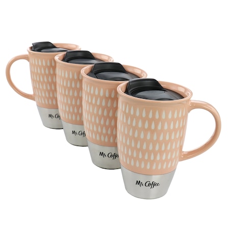 Mr. Coffee Coupleton Teardrop 4Pc 15Oz Stoneware and Stainless Steel Travel Mug Set with Lid Peach 138932.01