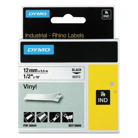 Dymo Rhino Perm Vinyl Industrial Label Tape, 0.5x18 ft, White/Black Print 18444
