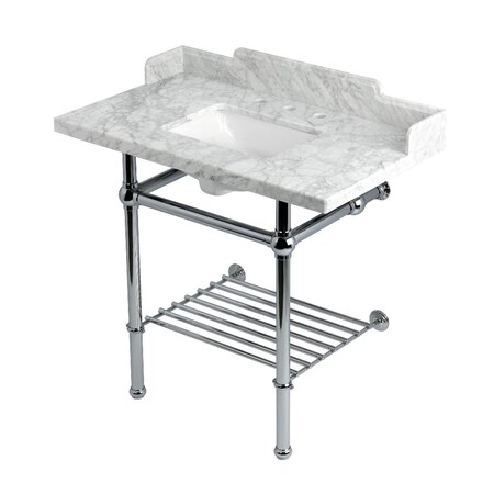 Kingston Brass 36-Inch Carrara Marble Console Sink with Brass Legs and Shelf, 8-Inch, 3-Hole LMS36MBSQB1