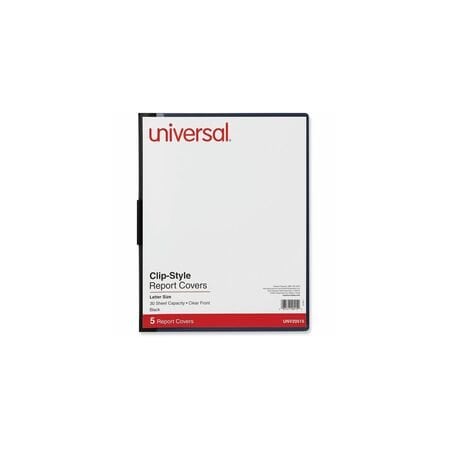 Universal Plastic Report Cover w/Clip, Letter, Holds 30 Pages, Clear/Black, 5PK UNV20515