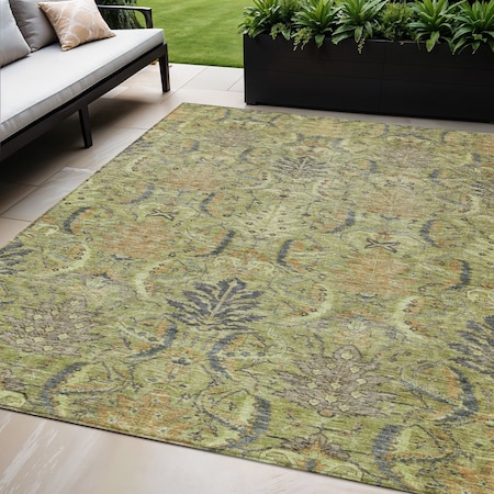 Homeroots 5' X 8' Artichoke Green Gray And Tan Damask Washable Indoor Outdoor Area Rug 603300