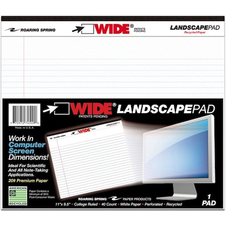 Roaring Spring Wide College Ruled Landscape Legal Pad, 11 x 95 40 Sheets, White, White ROA74500