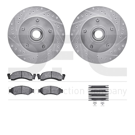 Dynamic Friction Co DFC Brake Rotor - Drilled & Slotted - Silver- Heavy Duty Brake Pad includes Hardware 7412-54006