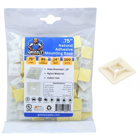 Grizzly Supply Adhesive Cable Tie Mounts, 3/4 in Sq, Nylon 6/6, .14 in Slot Wd, Natural, 100PK GS-CM75-9C
