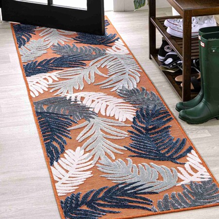 Jonathan Y Montego High-Low Tropical Palm Orange/Navy/Ivory 2 ft. x 8 ft. Indoor/Outdoor Runner Rug HWC101A-28