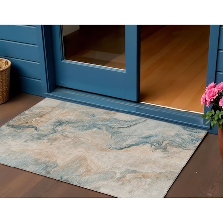 Homeroots 3' X 5' Teal Blue Coral And Ivory Abstract Washable Indoor Outdoor Area Rug 617584