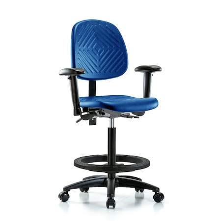 Blue Ridge Ergonomics Poly Chair, High Bench, Med Back, Tilt, Arms, Foot Ring, Casters, Blue BR-PHBCH-MB-RG-T1-A1-BF-RC-BLU