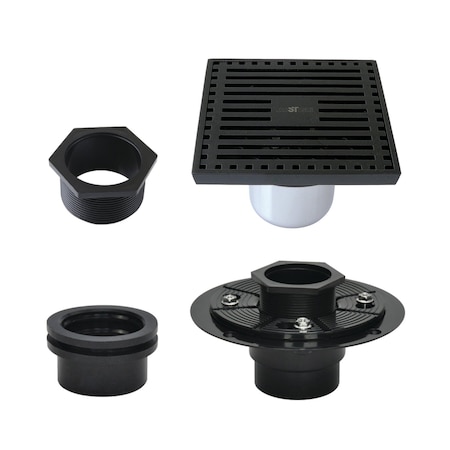 Kingston Brass 4" Brass Square Grid Shower Drain with Hair Strainer and Base Flange, Matte Black BSFK4464MB