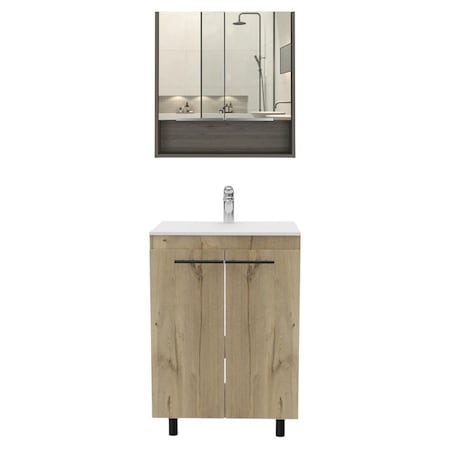 Homeroots 24" Natural Wood Freestanding Bathroom Vanity With White Sink And Medicine Cabinet With Mirror 546368
